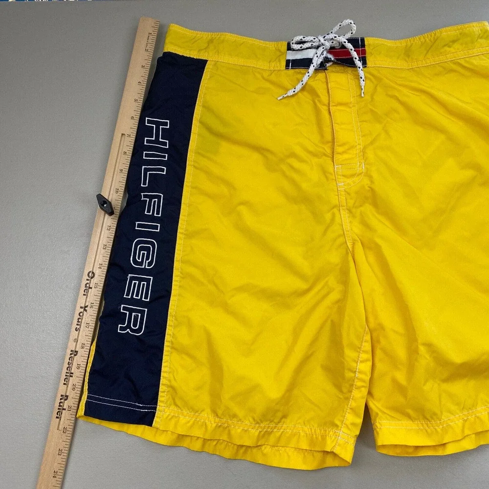 Vintage Tommy Hilfiger Board Shorts Men XL Spell Out Logo Color Block Yellow Y2K